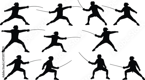 Fencing duel silhouette, sword fighting vector icons, athletic motion illustration, sports combat design, cad drawing flat vector illustration