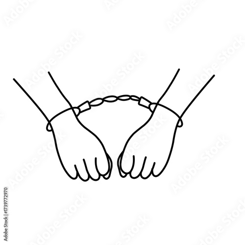 Hands in handcuffs outline icon. Handcuffed hands illustration. Handcuffed hands line art illustration. Handcuff bracelet illustration 