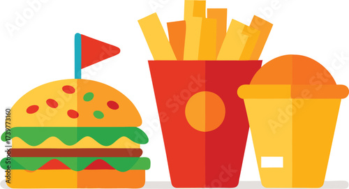 Vector illustration of a delicious fast food combo meal with burger fries and pizza
