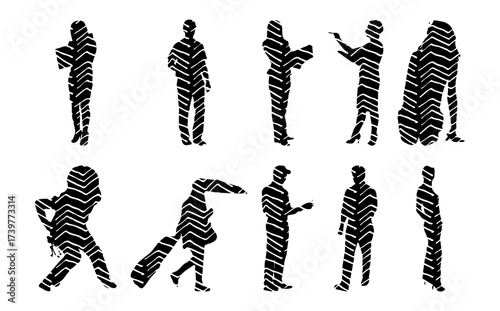 Vector illustration, Outline silhouettes of people, Contour drawing, people silhouette, Icon Set Isolated , Silhouette of sitting people, Architectural set