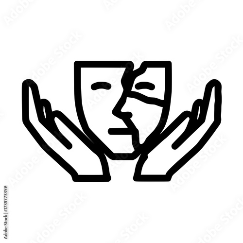 Mask icon above open palms showing concept of emotion support expression and self protection