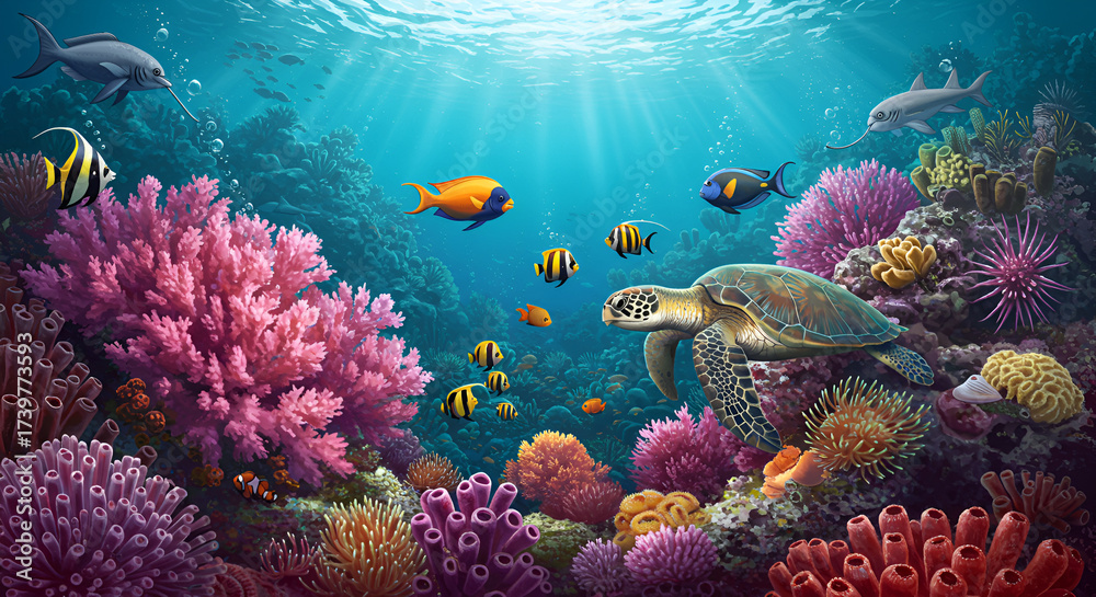 Obraz premium Colorful Underwater Ocean Scene with Coral Reef and Marine Life