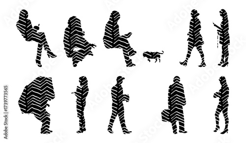 Vector illustration, Outline silhouettes of people, Contour drawing, people silhouette, Icon Set Isolated , Silhouette of sitting people, Architectural set
