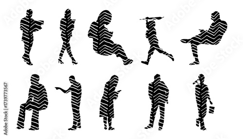 Vector illustration, Outline silhouettes of people, Contour drawing, people silhouette, Icon Set Isolated , Silhouette of sitting people, Architectural set
