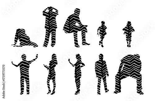 Vector illustration, Outline silhouettes of people, Contour drawing, people silhouette, Icon Set Isolated , Silhouette of sitting people, Architectural set