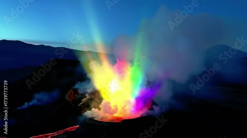 Aerial Wide Volcano Eruption Instead Lava Radiant Rainbow Light Bursts Upward Vibrant Colors Smoke