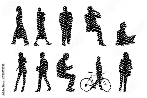 Vector illustration, Outline silhouettes of people, Contour drawing, people silhouette, Icon Set Isolated , Silhouette of sitting people, Architectural set