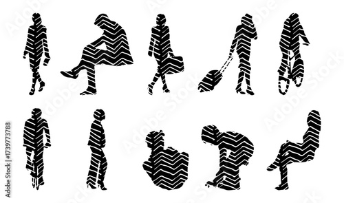 Vector illustration, Outline silhouettes of people, Contour drawing, people silhouette, Icon Set Isolated , Silhouette of sitting people, Architectural set