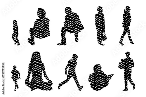 Vector illustration, Outline silhouettes of people, Contour drawing, people silhouette, Icon Set Isolated , Silhouette of sitting people, Architectural set