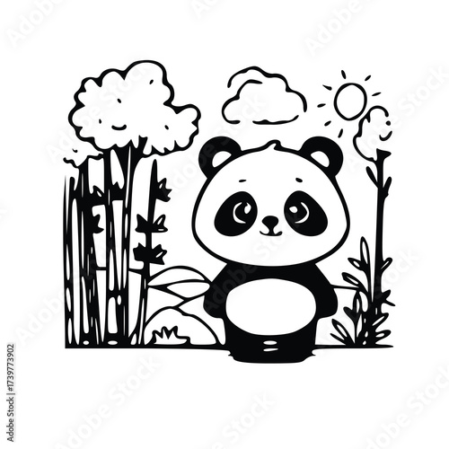 Black and White Panda illustration: A cute panda stands in the foreground, a joyful portrayal set within a lush bamboo forest backdrop, a charming illustration.