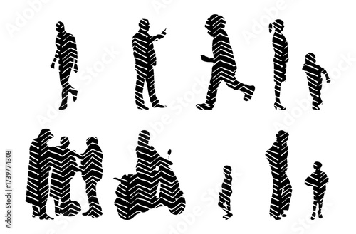 Vector illustration, Outline silhouettes of people, Contour drawing, people silhouette, Icon Set Isolated , Silhouette of sitting people, Architectural set