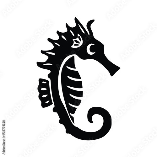 Sea Horse Silhouette: A striking black silhouette of a sea horse, elegantly rendered with intricate detail, embodies the enigmatic beauty of the ocean's depths.