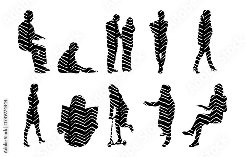 Vector illustration, Outline silhouettes of people, Contour drawing, people silhouette, Icon Set Isolated , Silhouette of sitting people, Architectural set