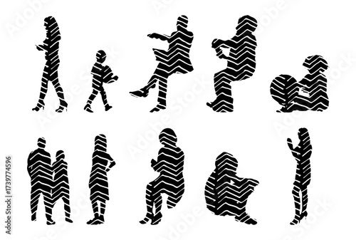Vector illustration, Outline silhouettes of people, Contour drawing, people silhouette, Icon Set Isolated , Silhouette of sitting people, Architectural set