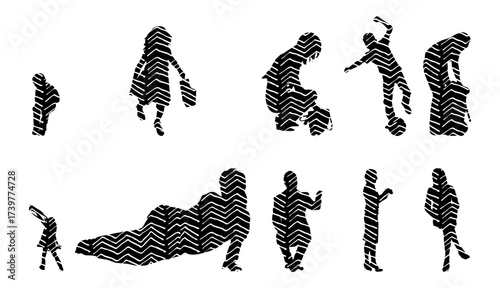 Vector illustration, Outline silhouettes of people, Contour drawing, people silhouette, Icon Set Isolated , Silhouette of sitting people, Architectural set