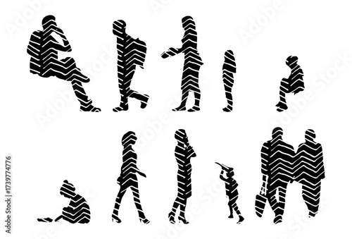 Vector illustration, Outline silhouettes of people, Contour drawing, people silhouette, Icon Set Isolated , Silhouette of sitting people, Architectural set