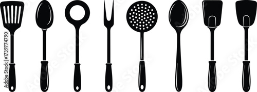 Kitchen utensil vector, cooking tool silhouettes, black design icons, culinary equipment illustration, food prep items, cad drawing flat vector illustration