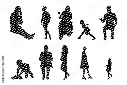 Vector illustration, Outline silhouettes of people, Contour drawing, people silhouette, Icon Set Isolated , Silhouette of sitting people, Architectural set