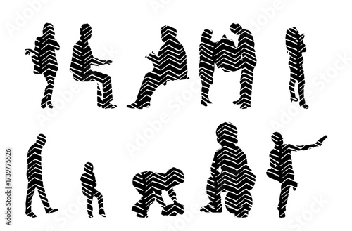 Vector illustration, Outline silhouettes of people, Contour drawing, people silhouette, Icon Set Isolated , Silhouette of sitting people, Architectural set