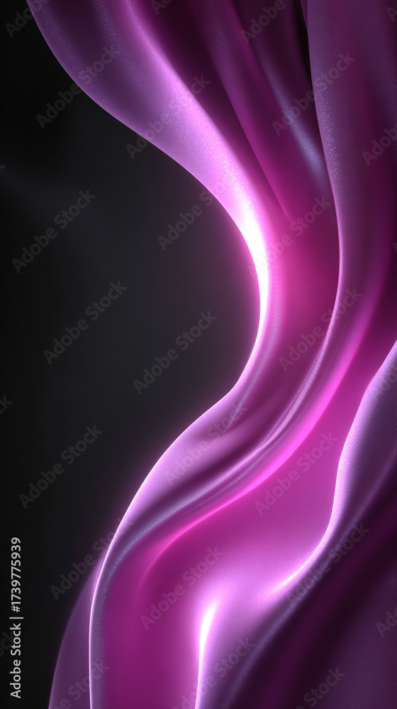 Naklejka premium Purple and pink glowing abstract gradient wave on black grainy background with blur and noise, symbolizing energy, creativity, mystique, and modern digital design.