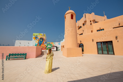 Colorful shopping villa's at old port mina park Qatar with selective focus.
