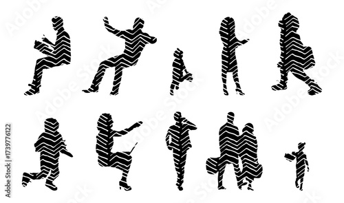 Vector illustration, Outline silhouettes of people, Contour drawing, people silhouette, Icon Set Isolated , Silhouette of sitting people, Architectural set