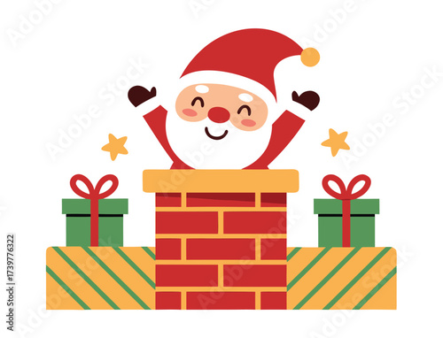 Santa Claus in chimney with gift boxes and stars illustration design