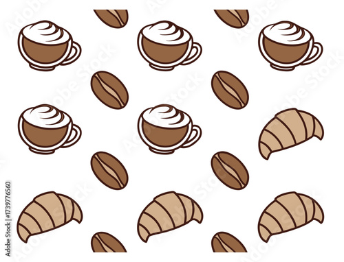 Seamless pattern featuring coffee cups croissants and coffee beans background