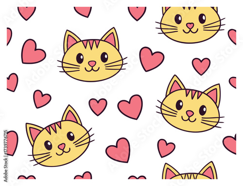 Seamless Pattern Featuring Cute Cat Faces and Pink Hearts on White Background