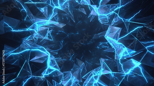 Abstract digital artwork depicts a tunnel of fractured glass emitting streaks of vibrant electric blue energy