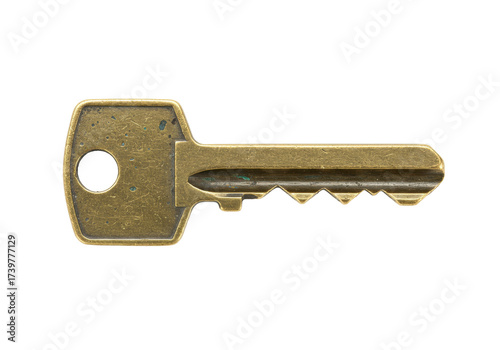 Obraz na płótnie Isolated golden tarnished key on bright neutral tone for locking systems securit