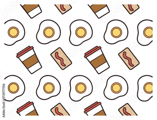 Seamless Breakfast Pattern with Eggs Toast and Coffee Vector Illustration
