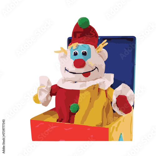 Jack-in-the-Box Clown: A vintage jack-in-the-box featuring a whimsical clown, full of childhood charm, pops open in a playful explosion of joy. A classic toy that still sparks the nostalgia 