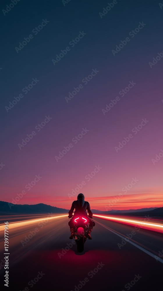 Obraz premium Lone motorcyclist speeds along highway, with glowing tail lights against a dramatic sunset, creating a sense of freedom and adventure.