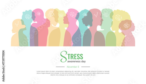 World Stress Awareness day banner template with typography and copy space. Vector illustration with silhouette of person. For web info print flyer