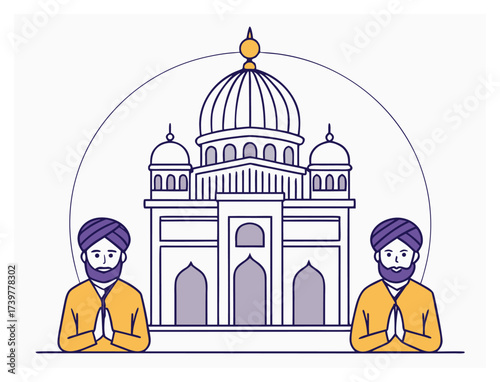 Sikh men greet in front of a gurdwara design illustration