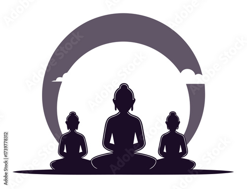 Three Buddha silhouettes with circular shape and clouds representing peace