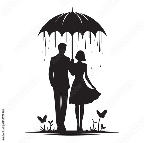 A Romantic couple holding umbrella silhouette and Vector