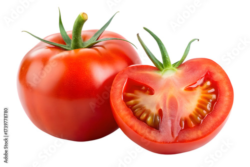 Fresh ripe red tomato and half tomato showing seeds and pulp isolated on transparent background