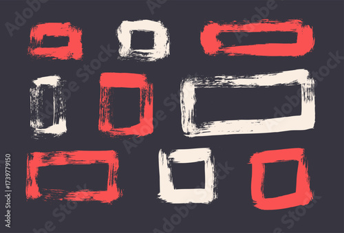 Acrylic paint square shapes brush stroke set. Red and white paint rectangle frames elements on black background. Grunge textured geometric pattern. Rough scribble figures. Vector illustration.