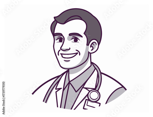 Friendly male doctor wearing a lab coat with a stethoscope graphic