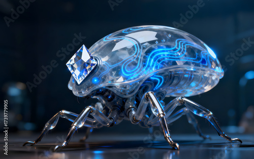Futuristic Robotic Insect with Transparent Carapace and Glowing Circuitry