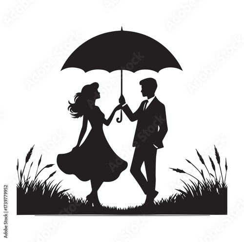 A Romantic couple holding umbrella silhouette and Vector