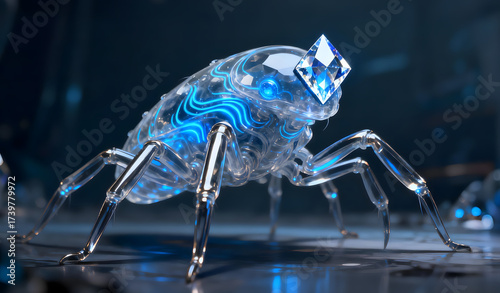 Futuristic Crystal Insect with Bioluminescent Blue Glow