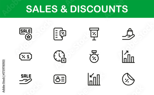 Sales And Discounts Professional Line Icon Set – Modern, Editable, Minimal, Vector-Based Collection for High-Impact Digital Marketplace Listings