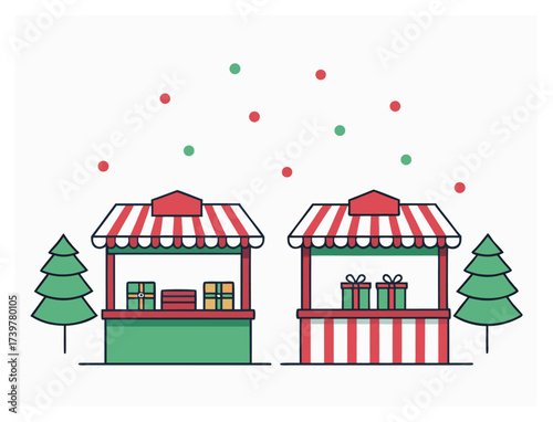 Christmas market stalls with gifts and trees festive holiday illustration
