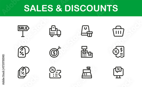 Sales And Discounts Professional Line Icon Set – Modern, Editable, Minimal, Vector-Based Collection for High-Impact Digital Marketplace Listings