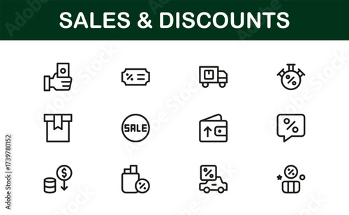 Sales And Discounts Professional Line Icon Set – Modern, Editable, Minimal, Vector-Based Collection for High-Impact Digital Marketplace Listings