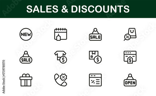 Sales And Discounts Professional Line Icon Set – Modern, Editable, Minimal, Vector-Based Collection for High-Impact Digital Marketplace Listings