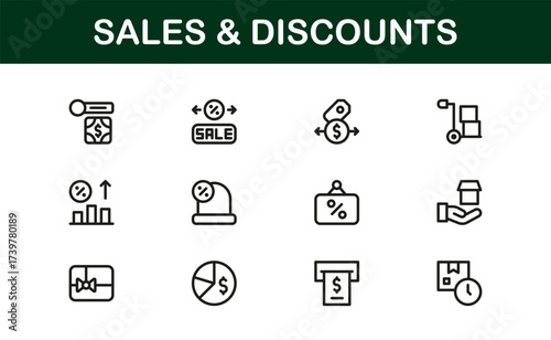 Sales And Discounts Professional Line Icon Set – Modern, Editable, Minimal, Vector-Based Collection for High-Impact Digital Marketplace Listings